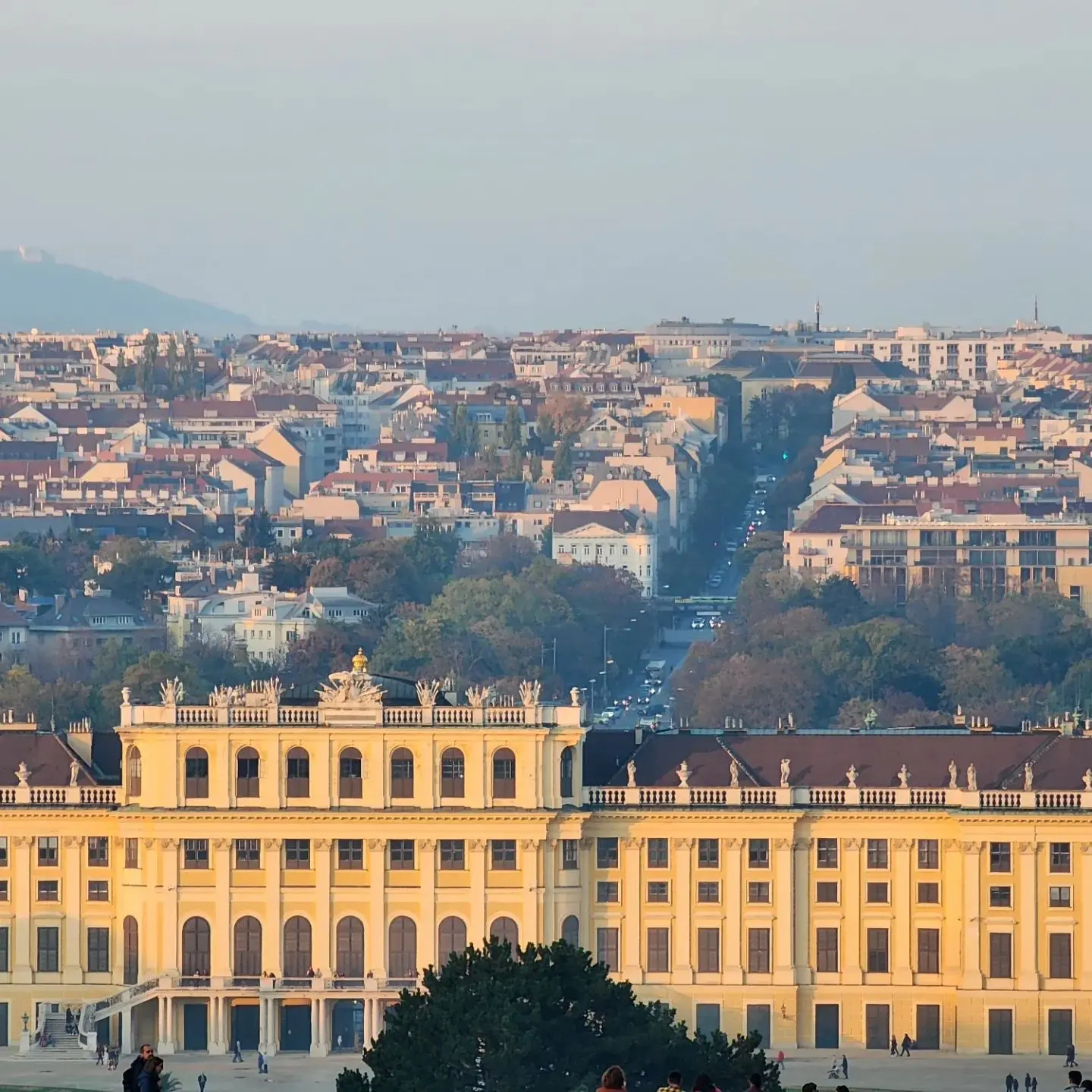 Schönbrunn Palace glowing in late-afternoon light with Vienna beyond it.