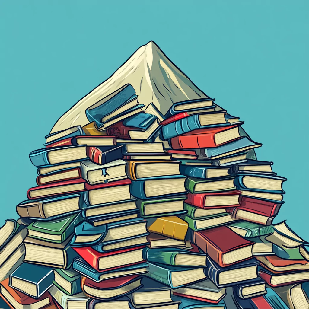 Illustration of a mountain of books.