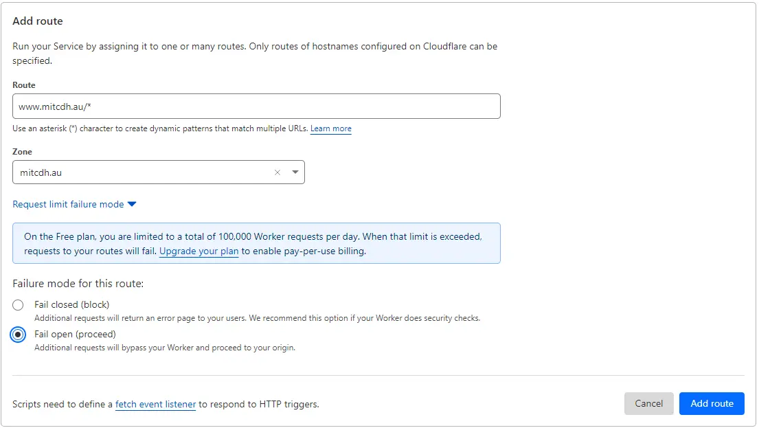 Adding a fail-open route to the Cloudflare Worker.
