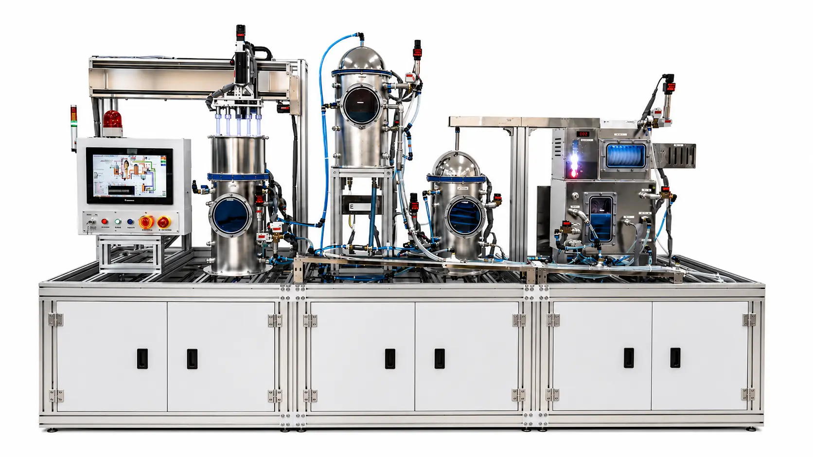 A stainless-steel nuclear power plant training rig combines a touchscreen HMI with model process vessels, a control-rod gantry, interconnected pipes, valves, sensors, and alarm beacons.