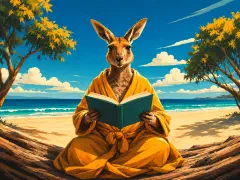 A philosopher kangaroo reading on the beach.