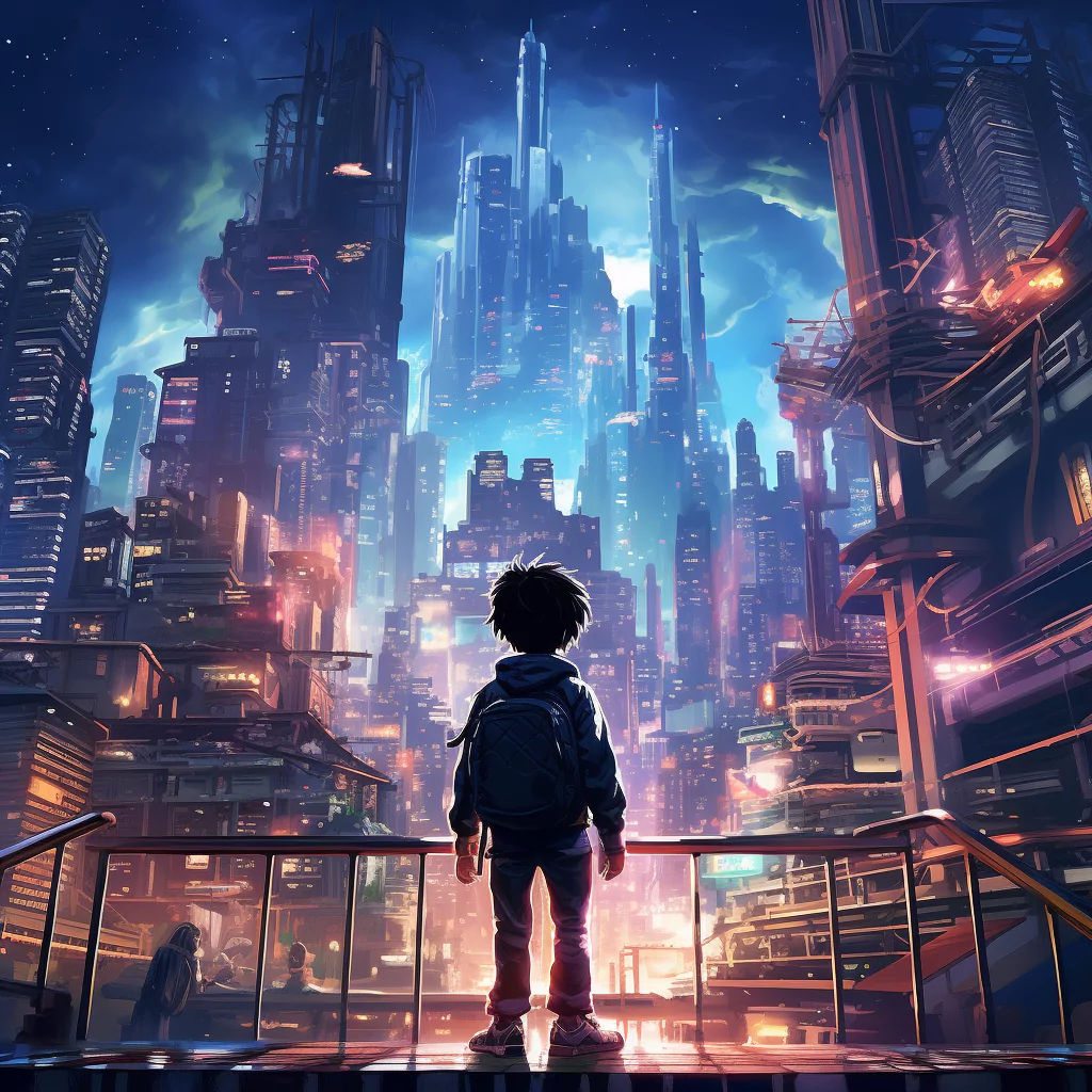 A young man looking out into a towering cyberpunk city.