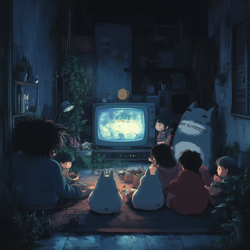 A group of animated children and animals watching a TV together.